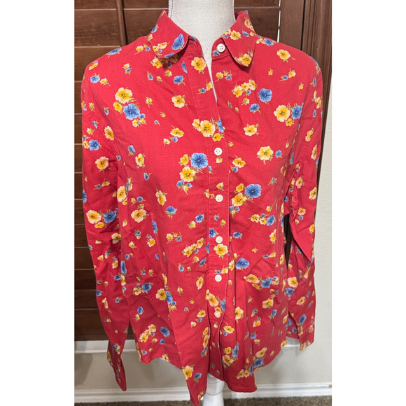 Jones New York Linen blend shirt Red Floral Long Sleeve Button Down sz XL - Picture 1 of 7